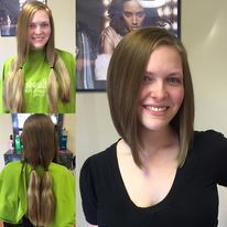 a woman with long hair is getting her hair cut into a bob.