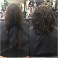 a before and after photo of a woman getting her hair cut.