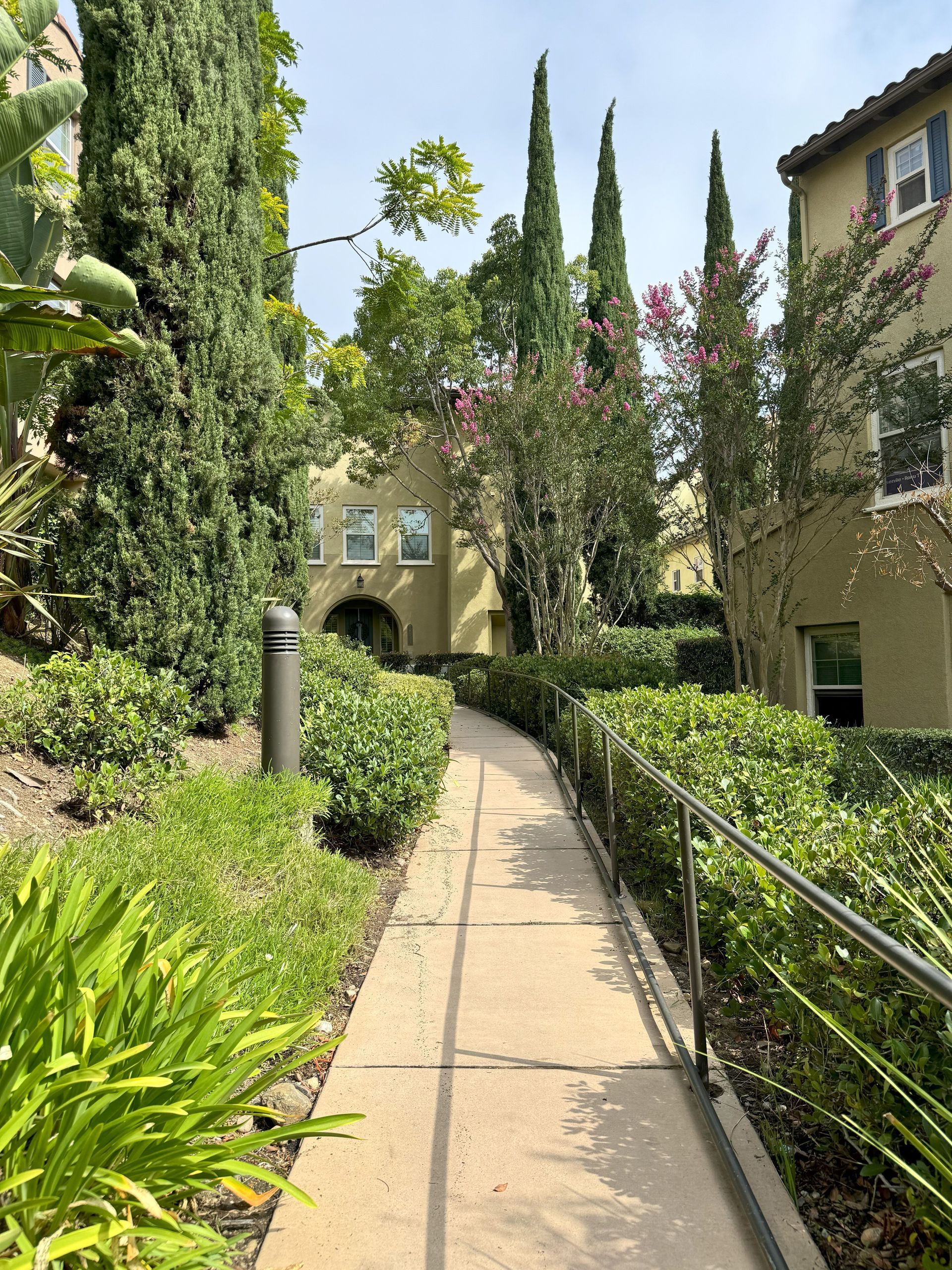 A walkway leading to a building surrounded by trees and bushes