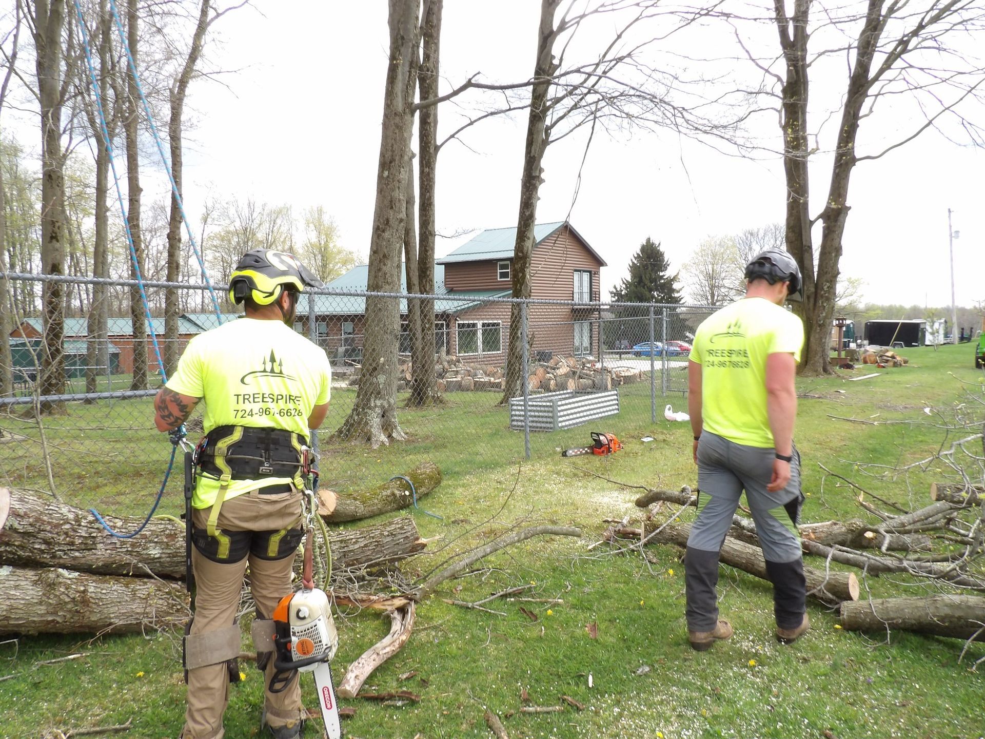 Two tree workers in safety gear cutting logs near a house.