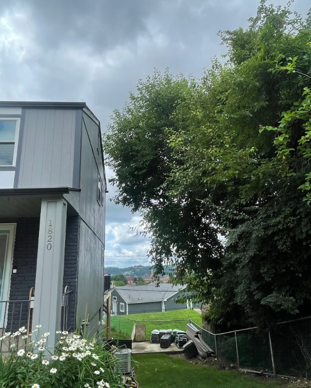 Side of a gray house, lush green trees, and cloudy sky. View overlooks a backyard with other houses.
