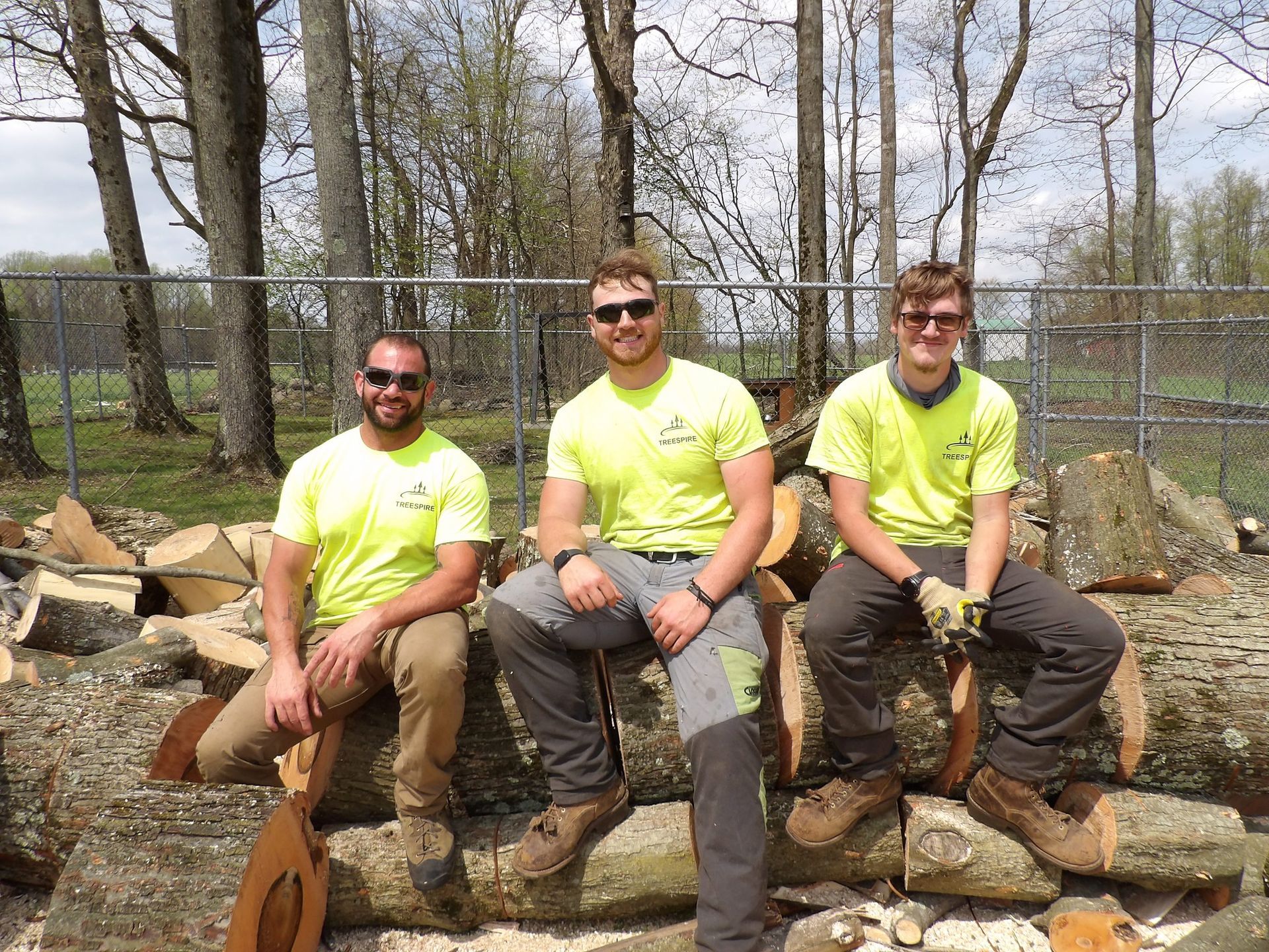 Three men in work clothes sit on logs, smiling. They are outdoors with a pile of cut wood in the background.