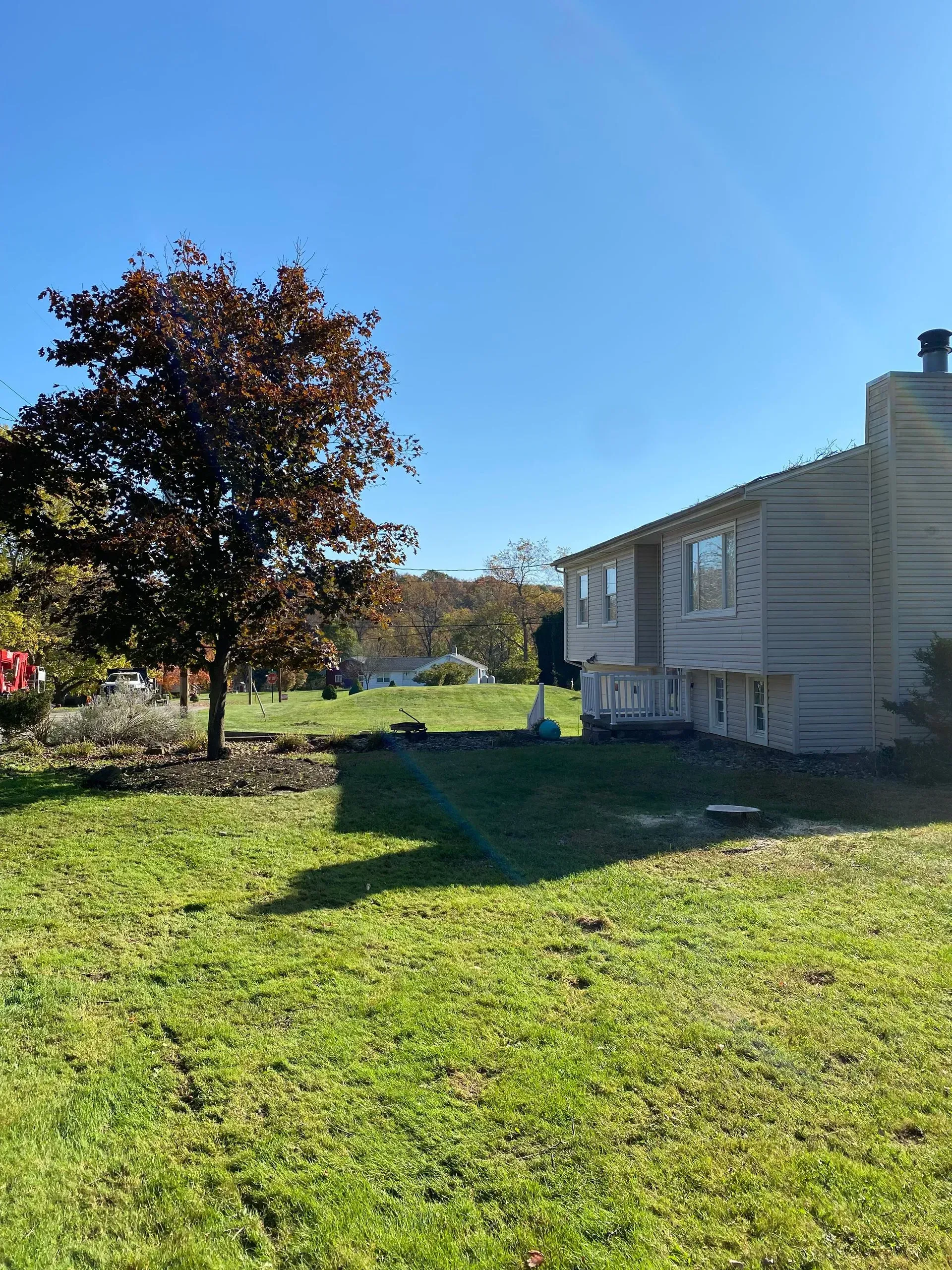 Red-leaved tree casts a shadow on green lawn, beside a beige house with a chimney, under a blue sky.