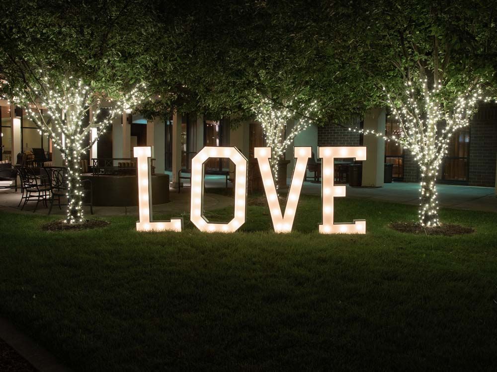 Illuminated “LOVE” sign glowing in a dark outdoor garden with trees wrapped in white lights.