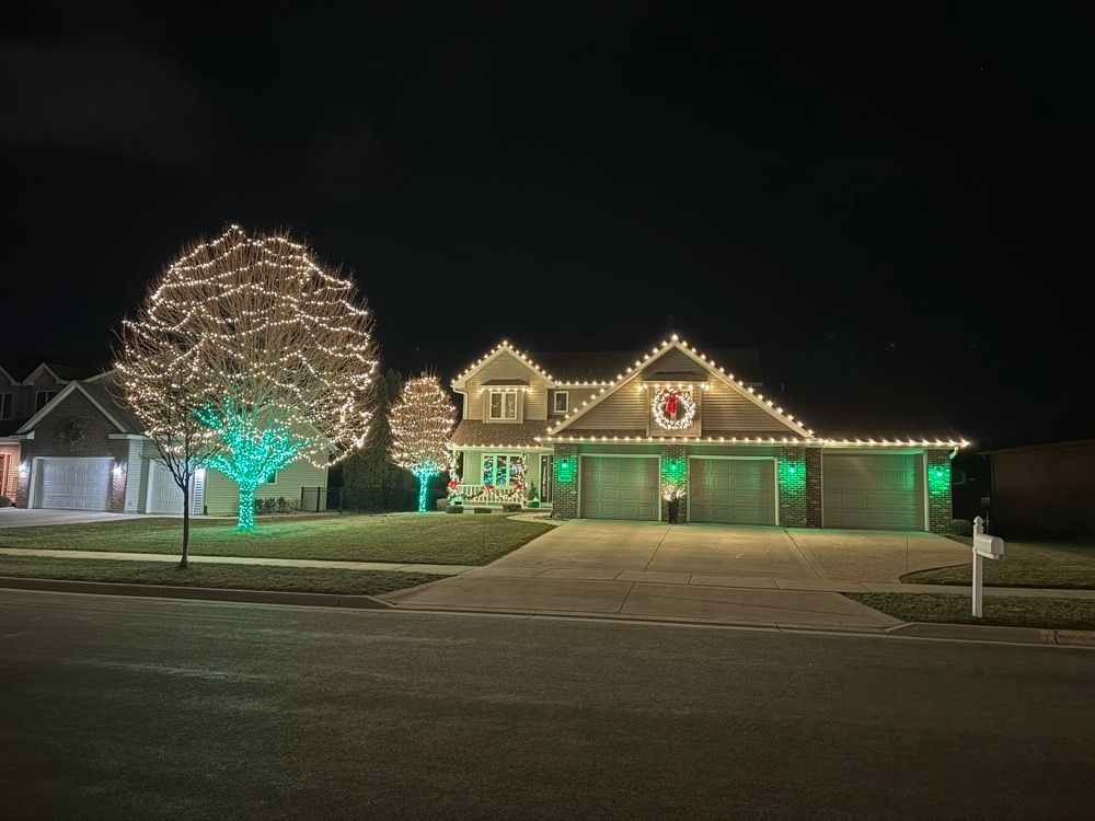 A house and tree decorated with colorful holiday lights at night, viewed from across a street.