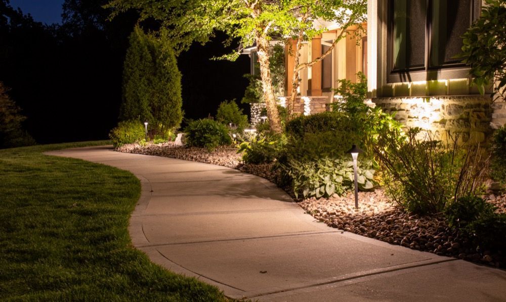 Lit garden walkway curving past a house, with shrubs and warm landscape lighting at night