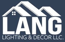 Logo for LANG Lighting & Decor LLC with white house rooftops and bold white text on a dark blue background