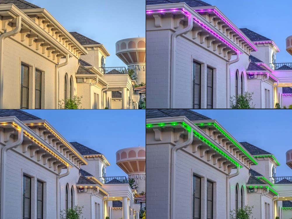 Four views of the same building facade with changing LED roof lights: blue, purple, yellow, and green.