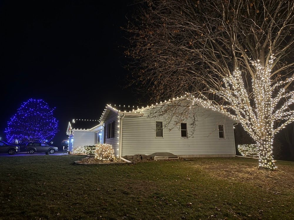 House and trees decorated with white and blue holiday lights at night
