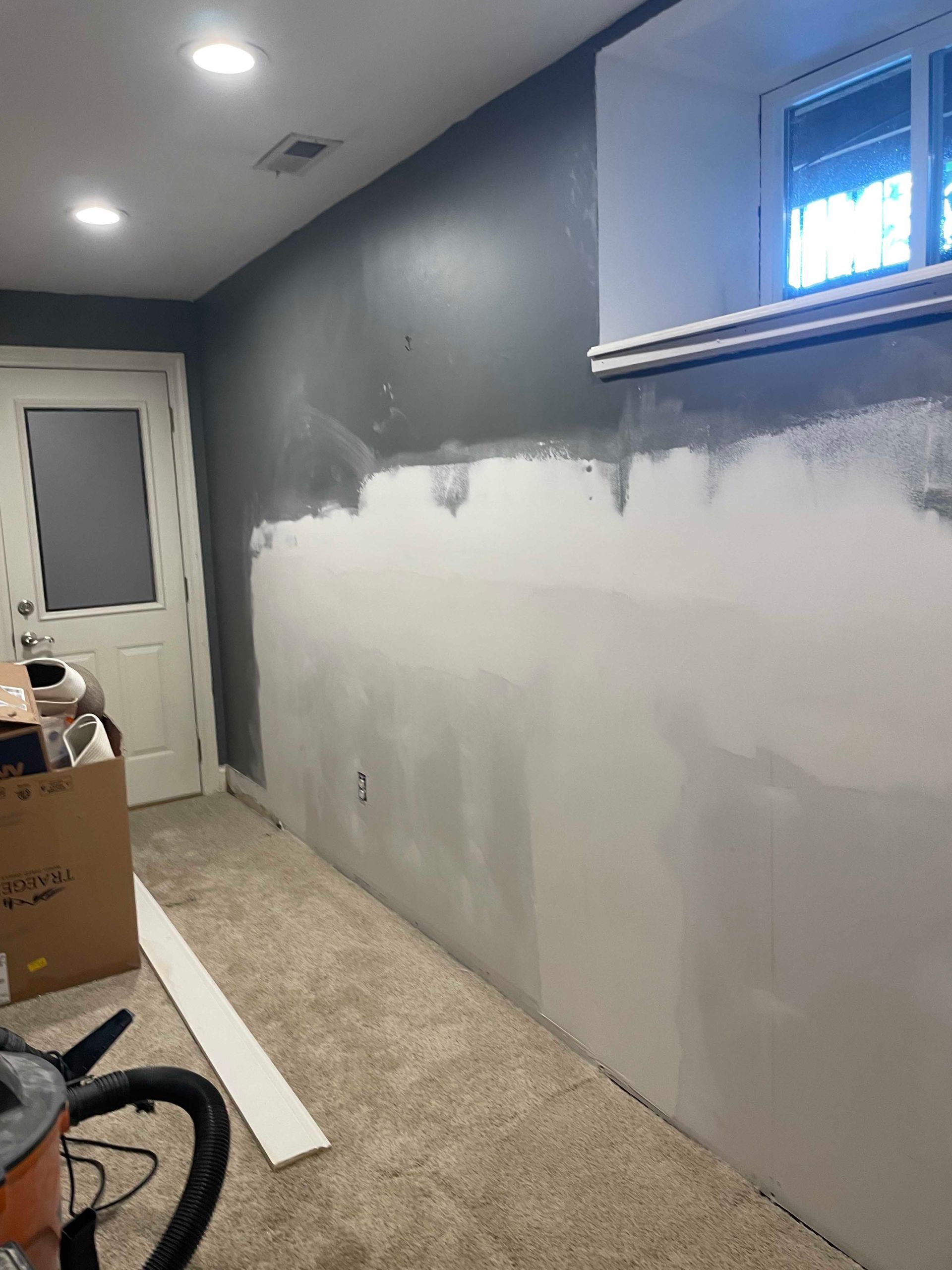 Basement interior with gray and white painted walls, door, and window. Flooring is carpet; a vacuum cleaner is visible.