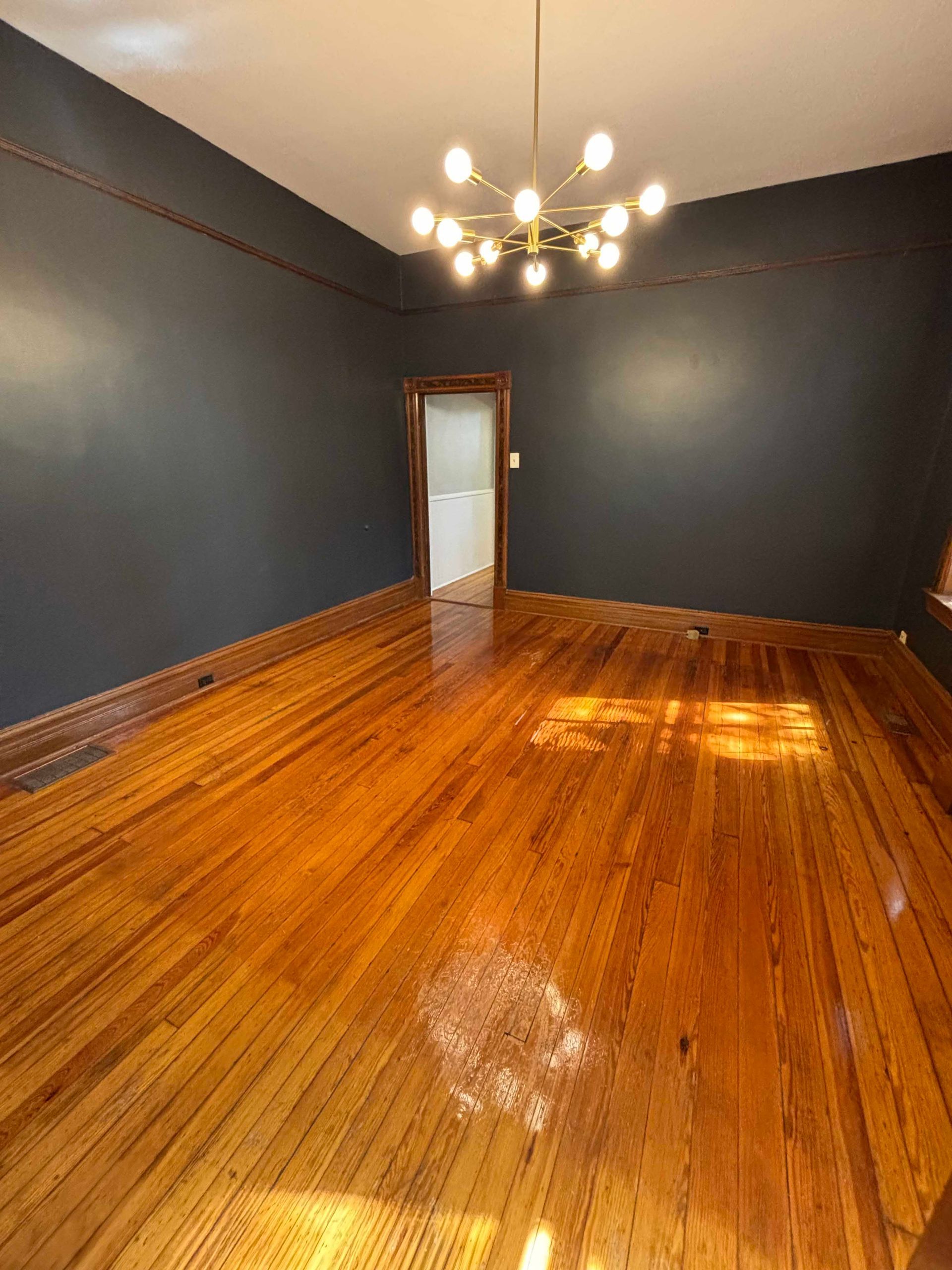 Dark-walled room with shiny wood floors, gold light fixture, and an open doorway to another room.