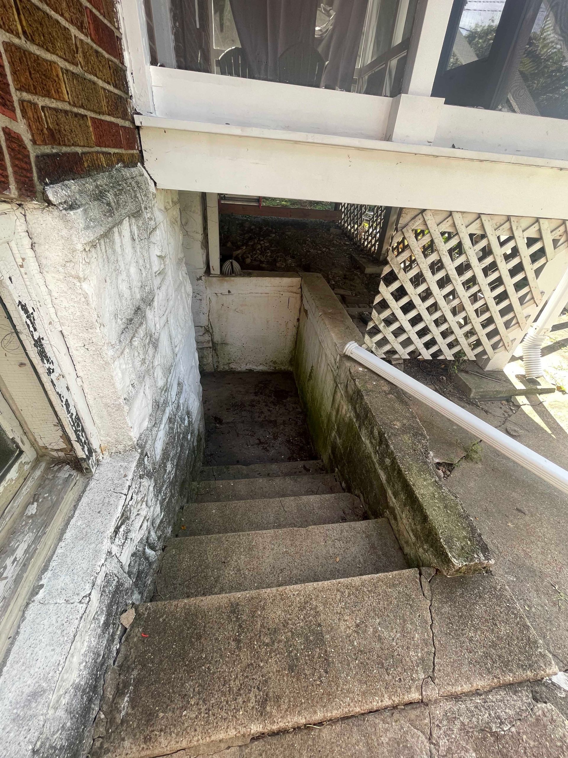 Concrete stairs leading down to a dark area under a white latticed porch. Green moss visible.