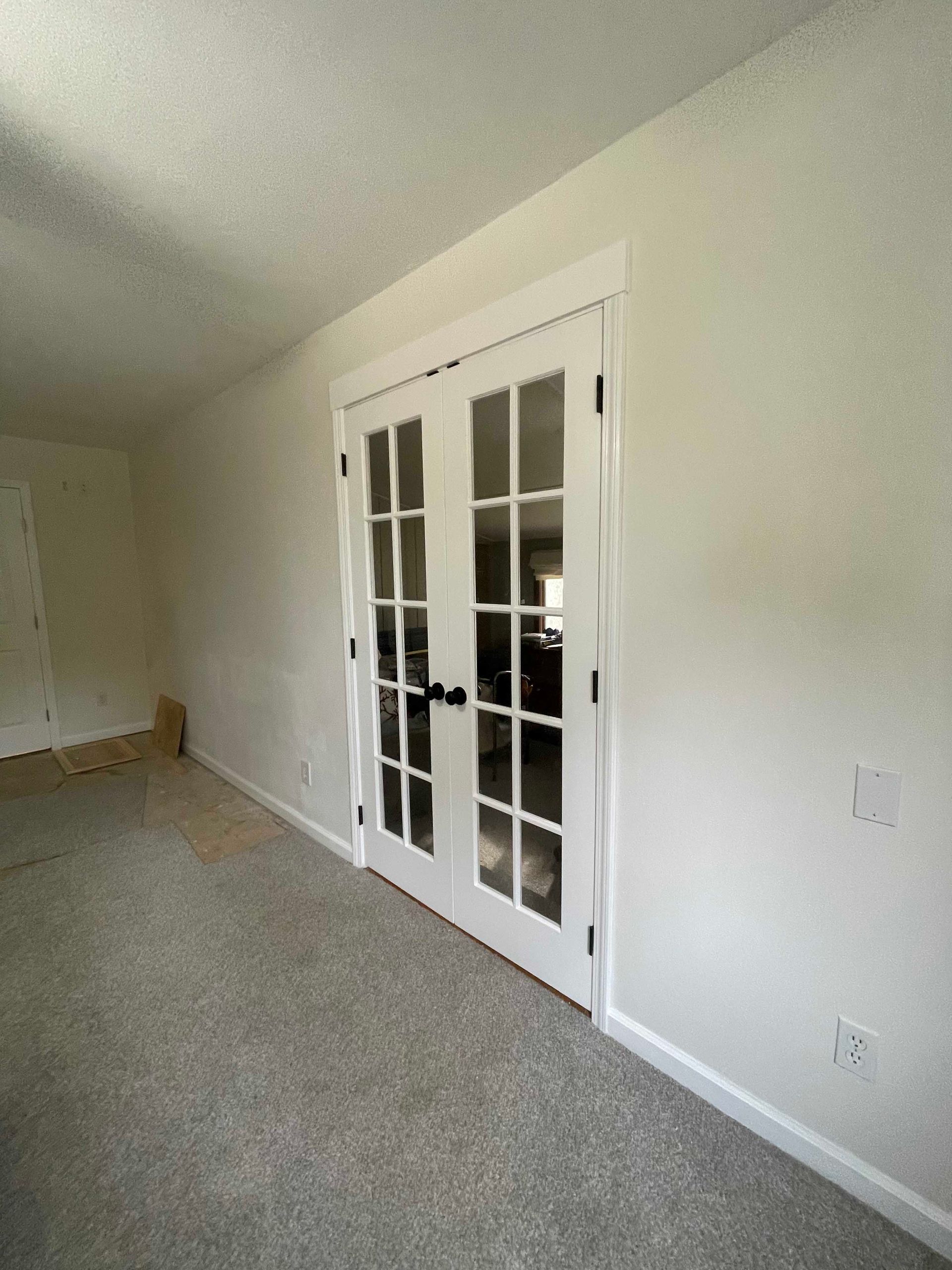 White French doors with multiple glass panes in a room with light carpet.