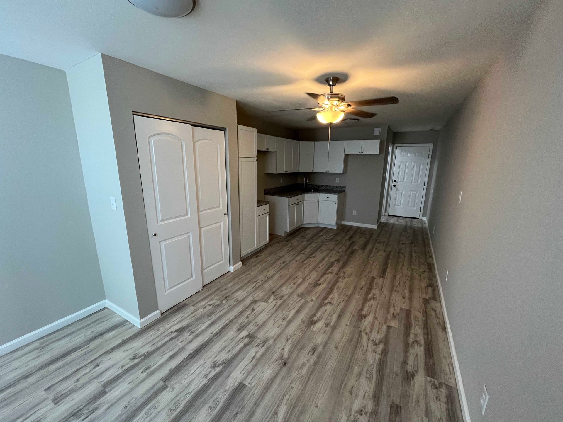 A small apartment interior with a kitchen, closet, and front door. Light wood-look flooring and gray walls.