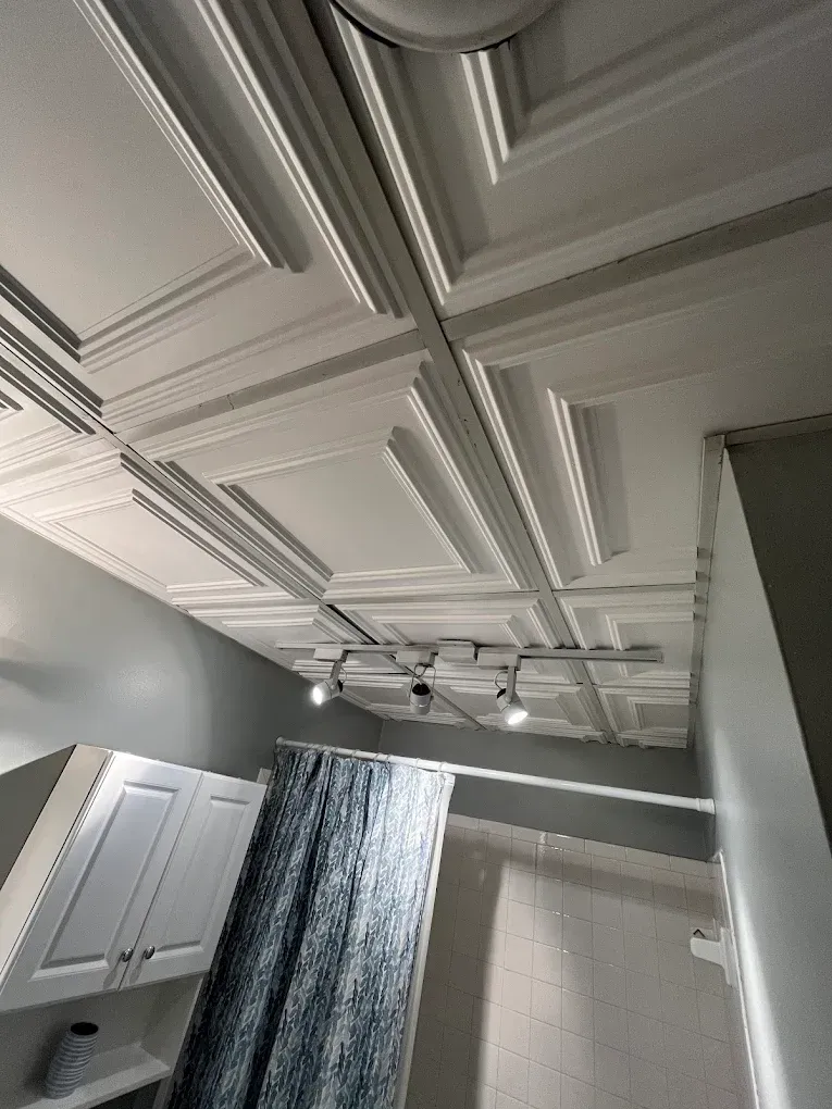 White patterned ceiling with track lighting, above a shower and bathroom cabinets.
