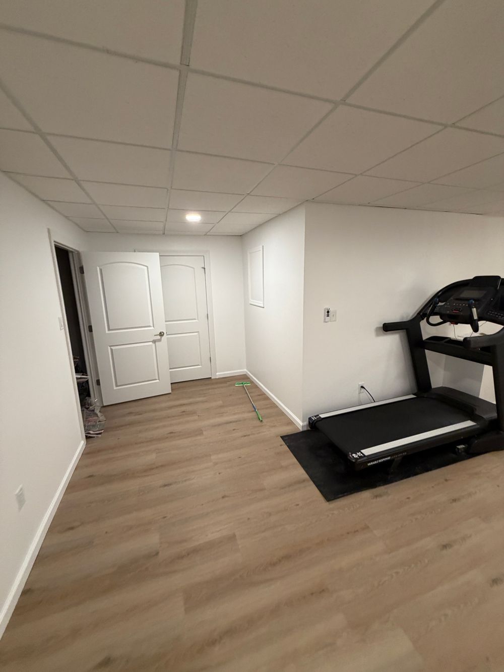A basement room with light wood flooring, white walls, two white doors, and a treadmill placed on a black mat.