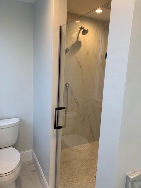 a bathroom with a toilet and a walk in shower