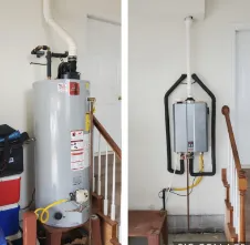 A before/after comparison shows a traditional water heater replaced with a tankless unit, in a stairwell.