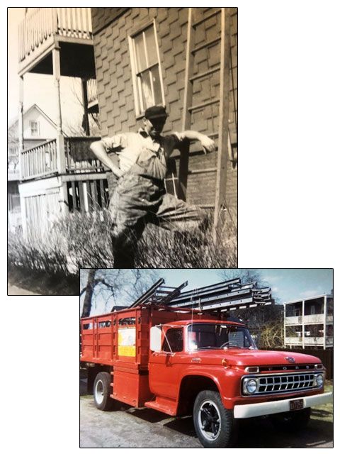 A black and white photo of a man and a red truck