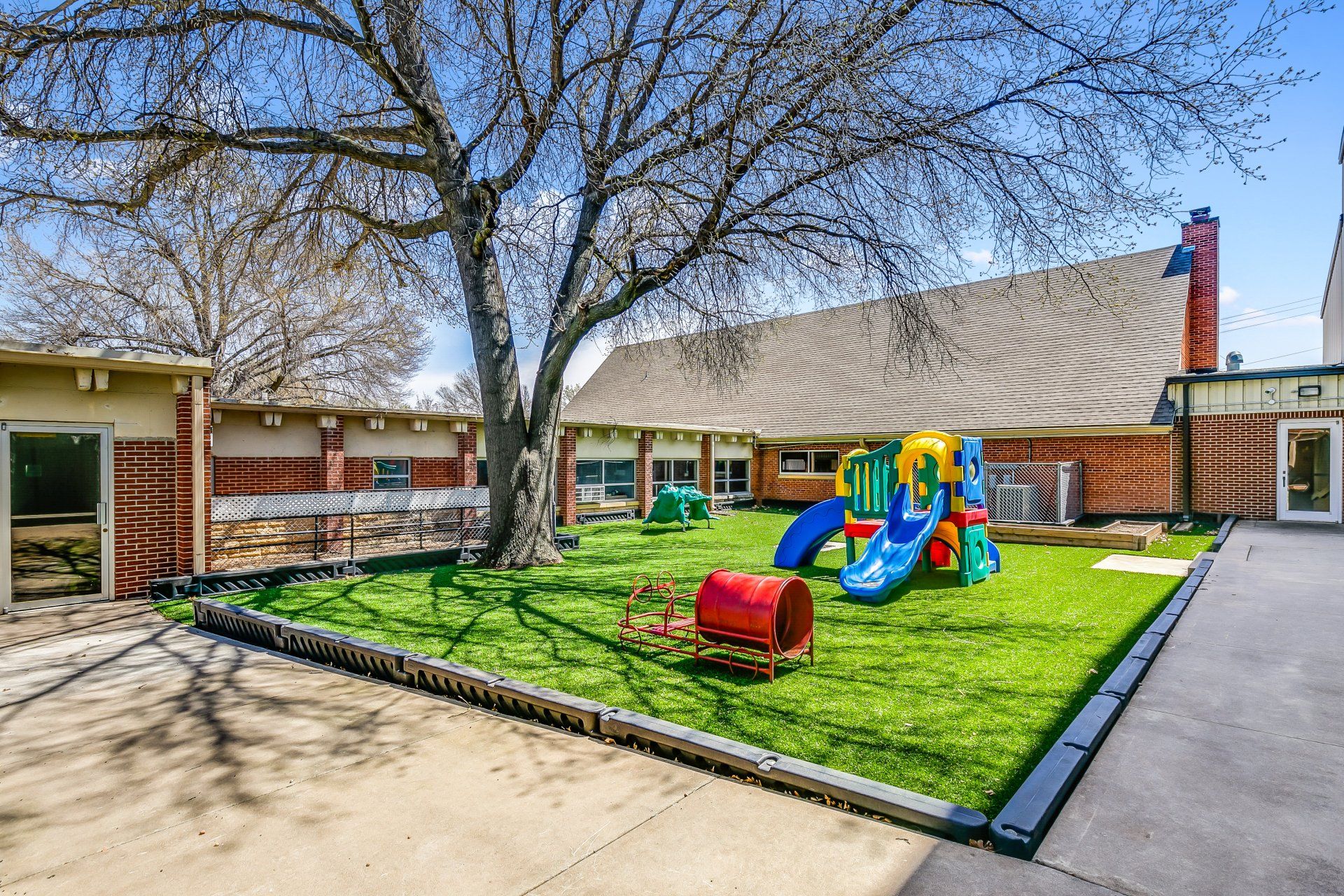 mini slide beside big tree