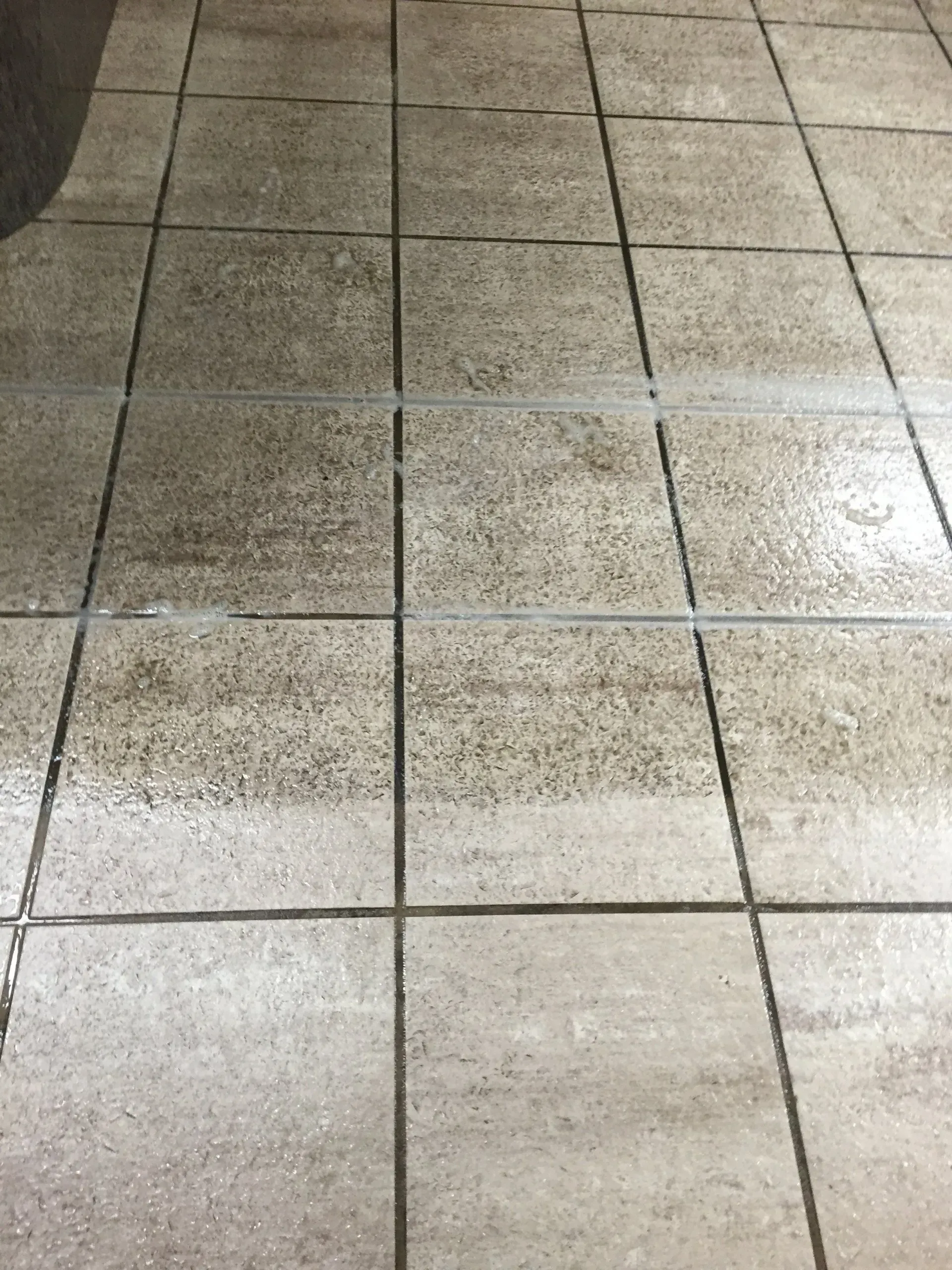 Gray tiled floor with wet patches and dark grout lines.
