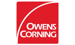 Owens Corning logo: white text on a red square with a curved white line.