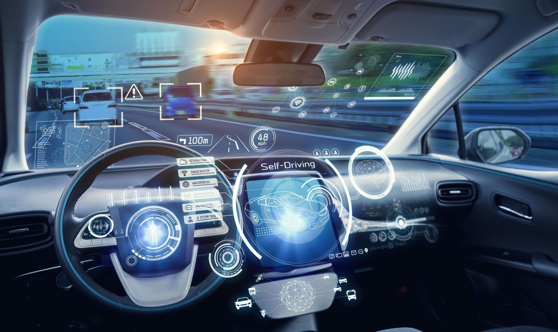 Futuristic car dashboard with holographic navigation and digital controls at sunset