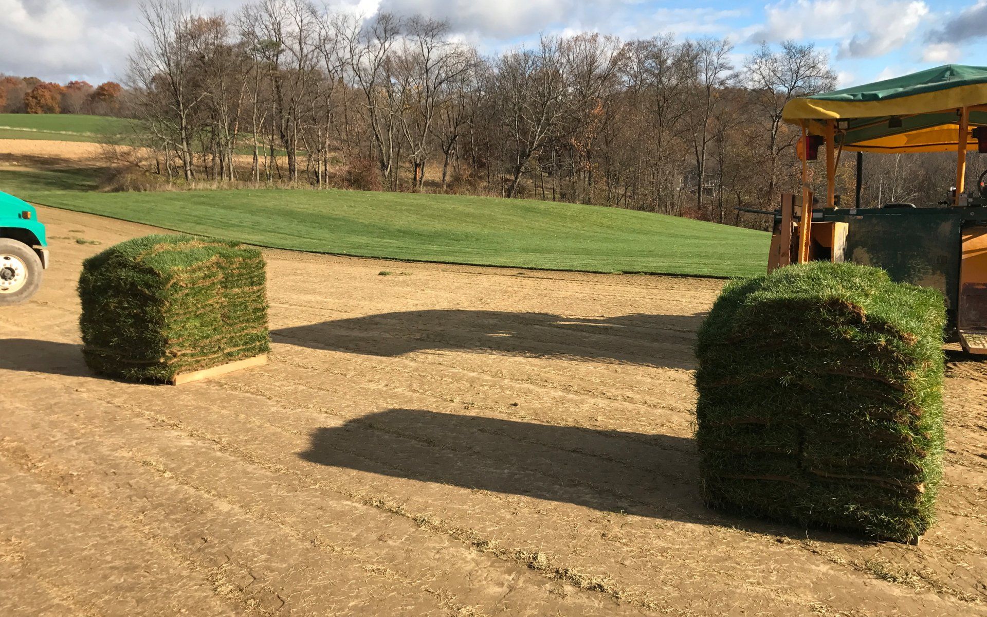 Two rolls of grass are sitting on top of a dirt field.