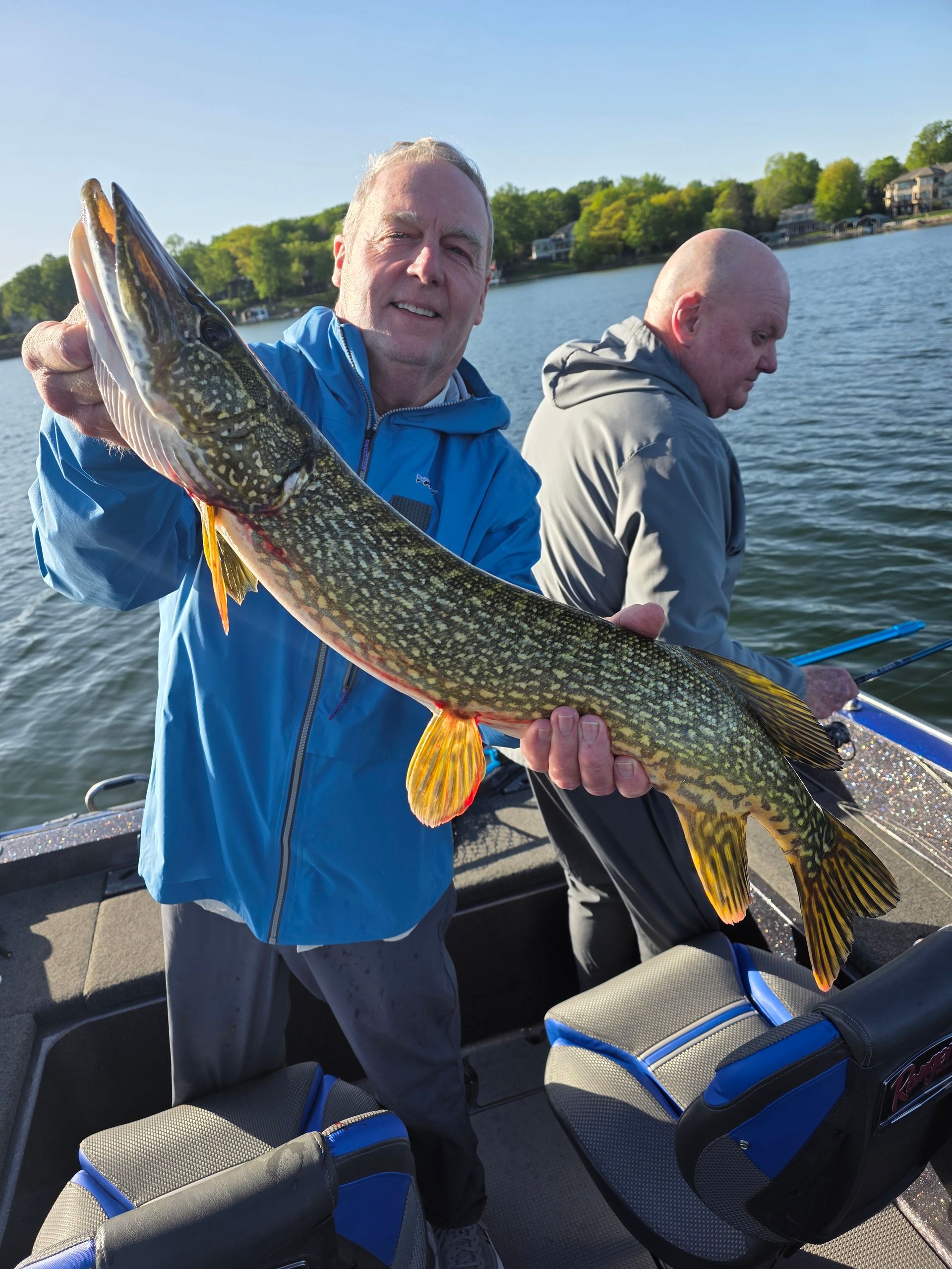 Two men on a boat hold a large pike on a lake under a clear sky
