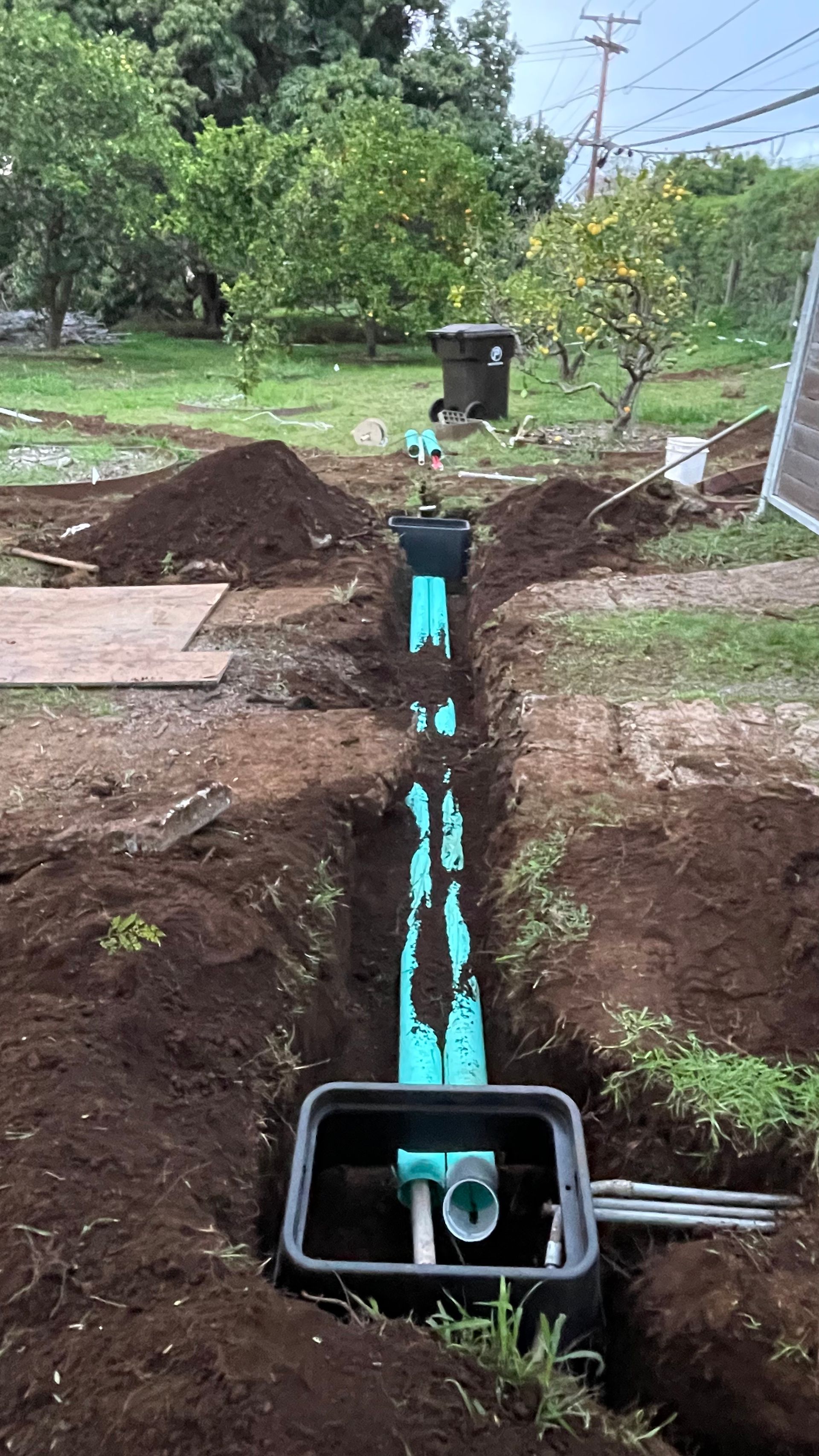 Excavated trench with green irrigation pipes, black box, in a yard with soil and trees.