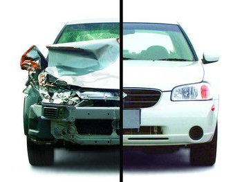 Car, half-damaged from a collision, other half in perfect condition. Split view against white background.