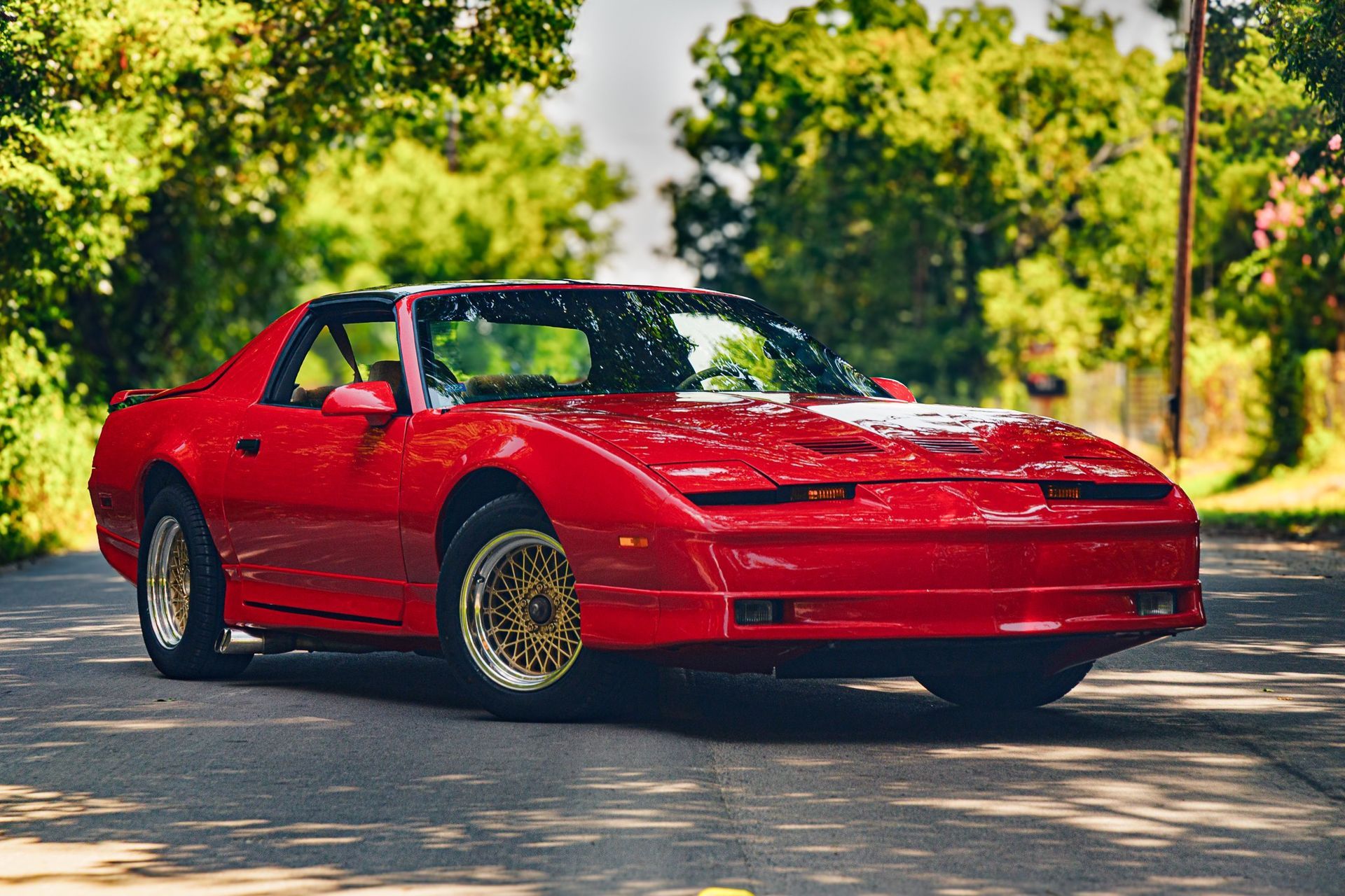 Red Pontiac Firebird car with gold rims parked on a paved road, surrounded by trees.