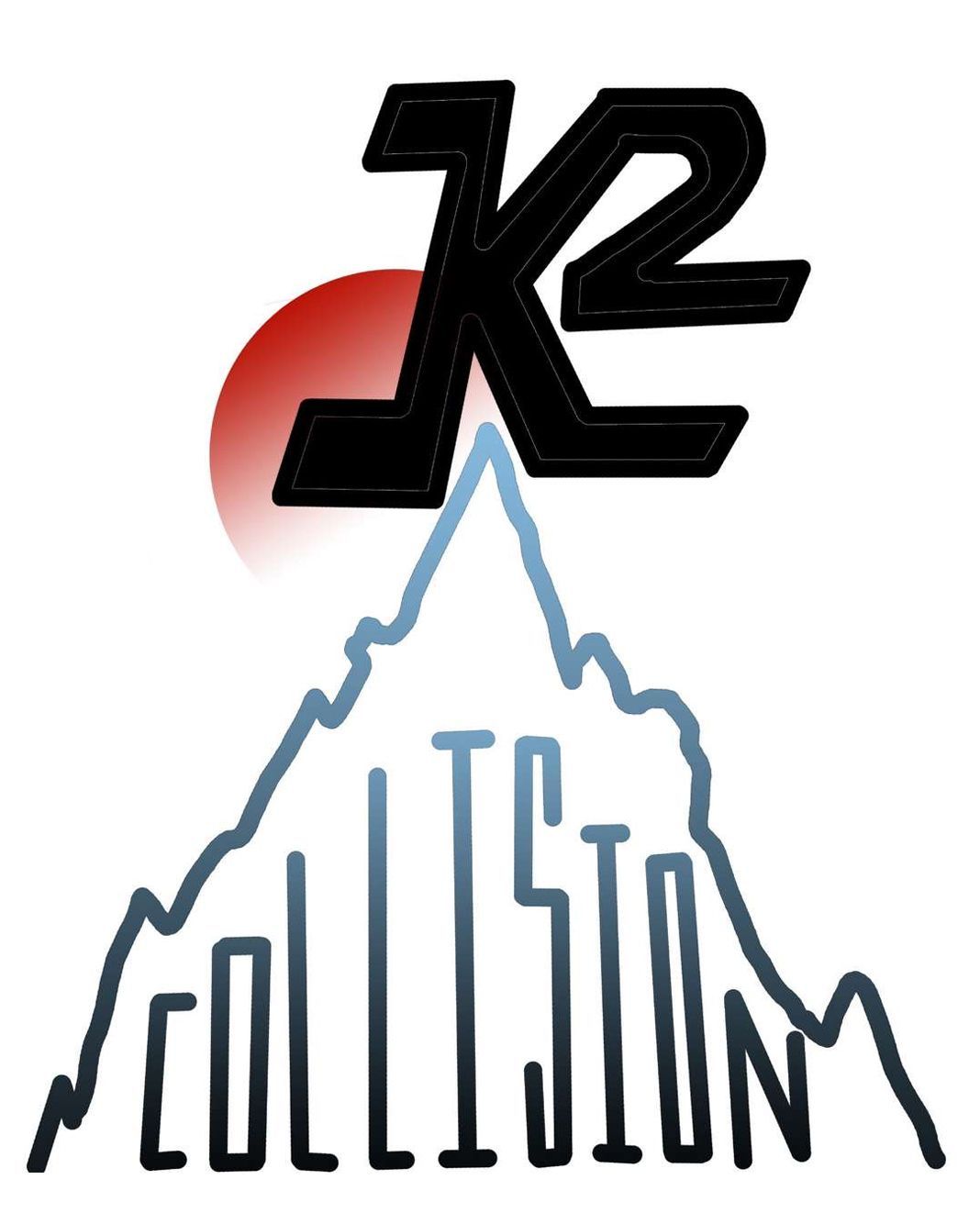 Logo with stylized "K2" above a mountain range, "COLLISION" at the base; a red sun is in the background.