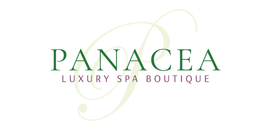 Logo for Panacea Luxury Spa Boutique. Green text PANACEA with LUXURY SPA BOUTIQUE below in purple. Soft green flourish.