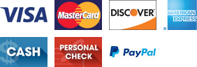 VISA, Mastercard, Discover, American Express, Cash, Personal Check, Paypal