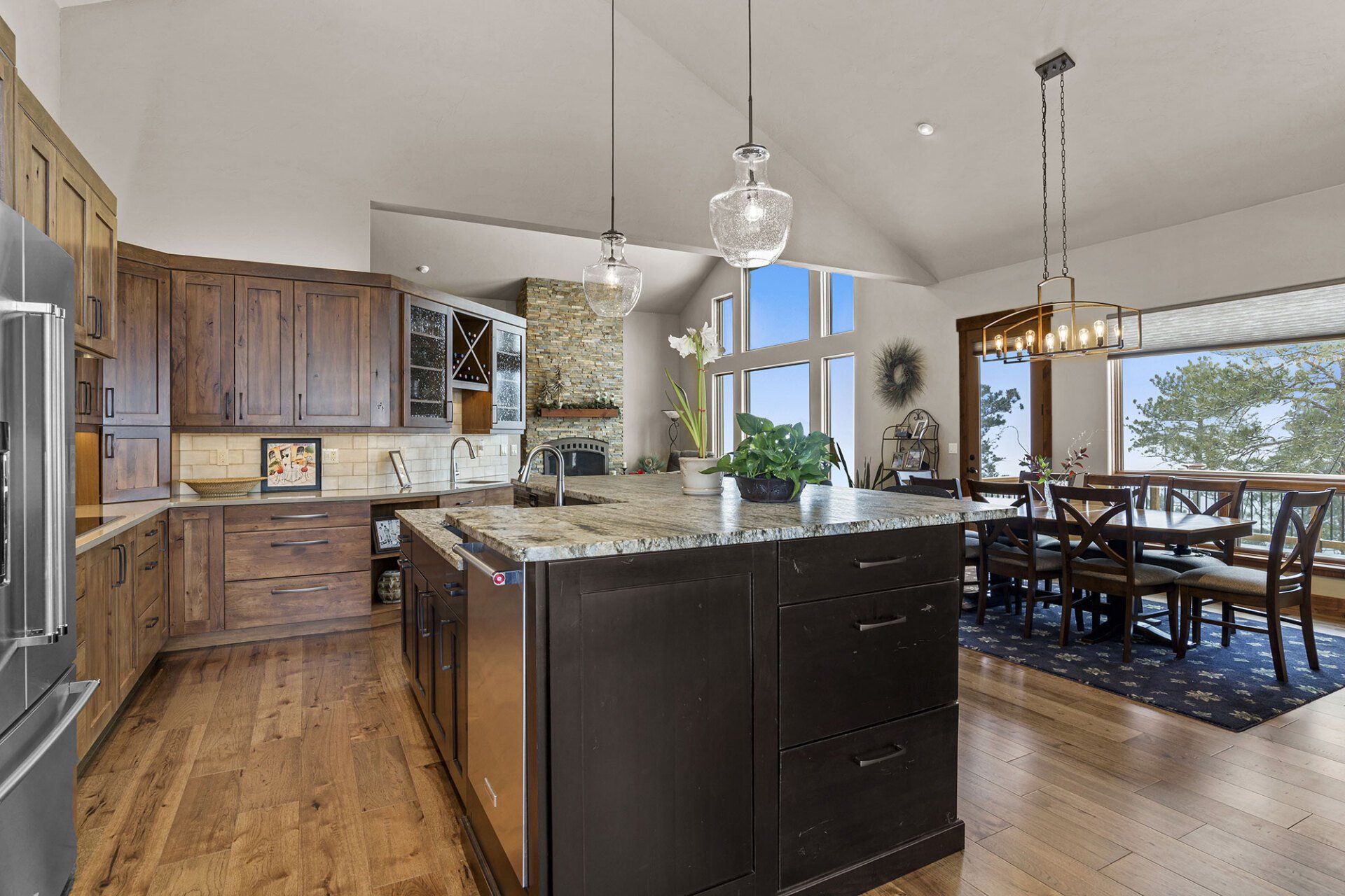 There is a large island in the middle of the kitchen.