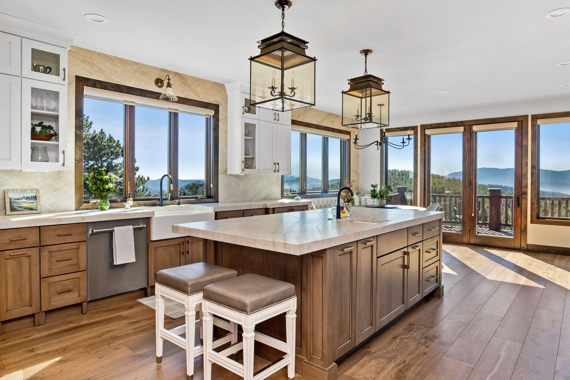 There is a large island in the middle of the kitchen.