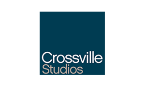 The logo for crossville studios is blue and white