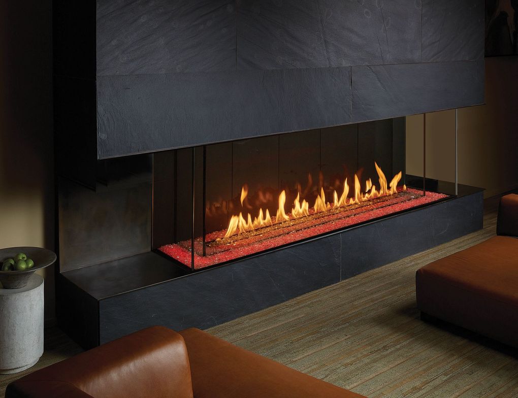 Modern living room with wall-mounted TV above a sleek electric fireplace and black coffee tables