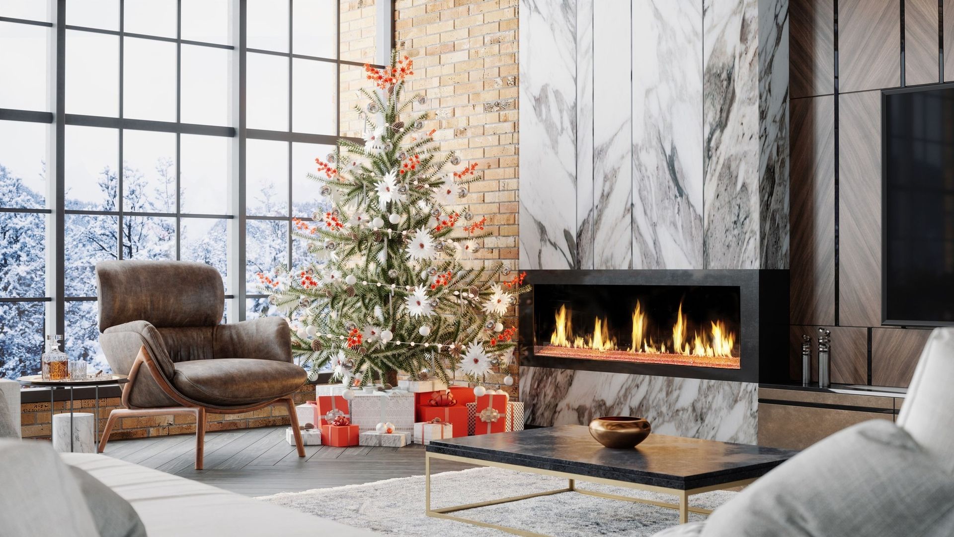 Cozy living room with Christmas tree, fireplace, armchair, and snowy window view.
