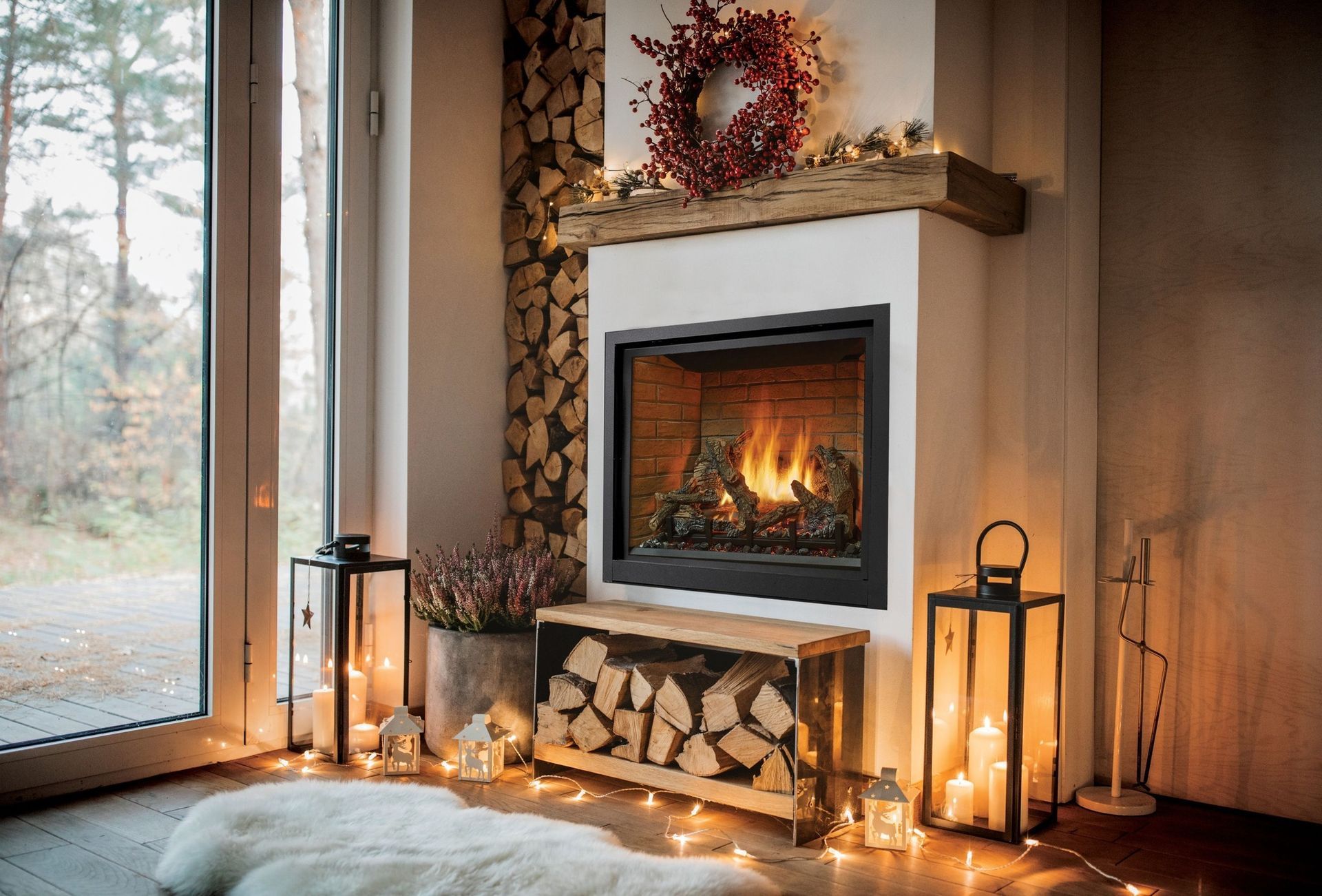 Fireplace decorated for the holidays, with firewood, a wreath, candles, and a large window.