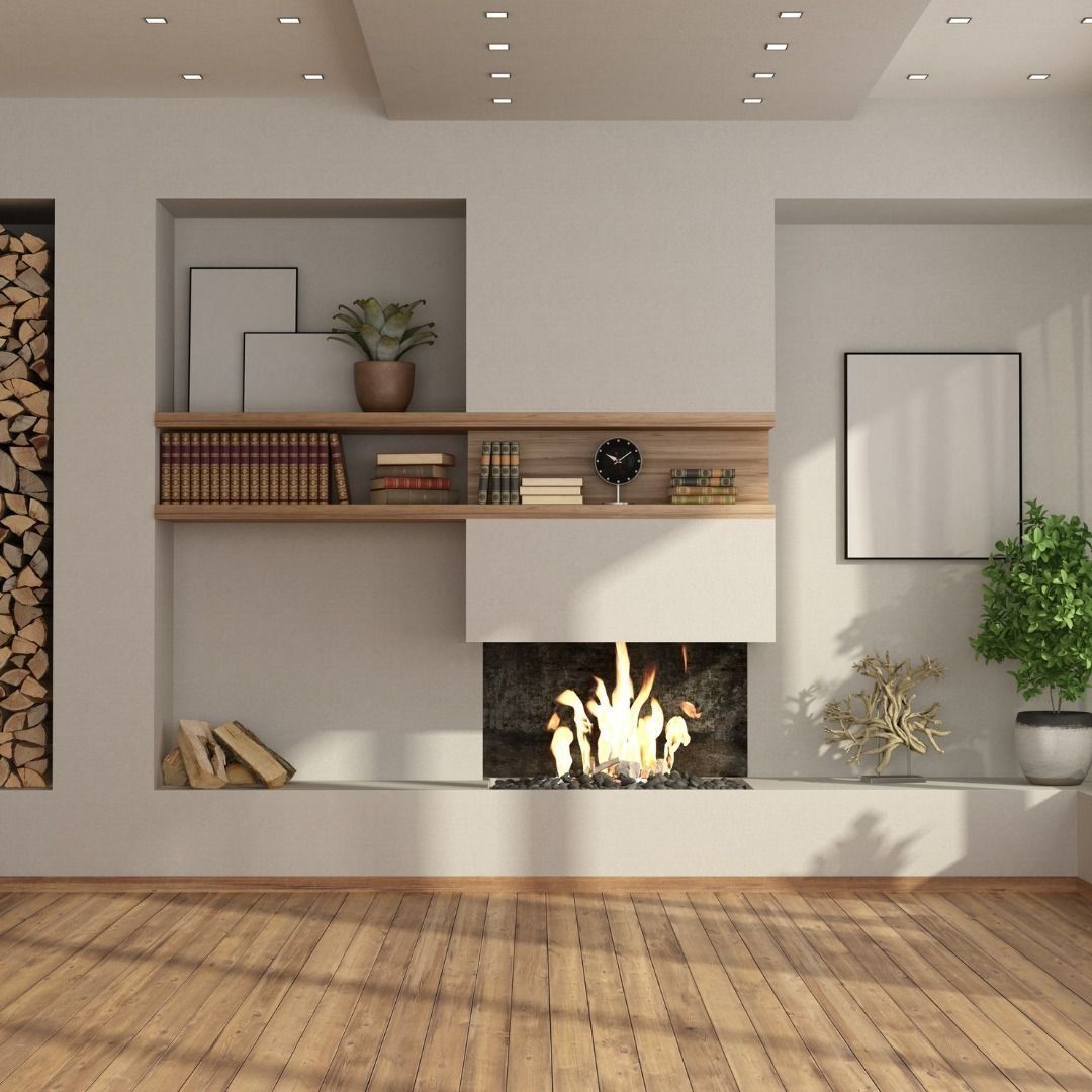 Modern fireplace with built-in shelves, wood storage, and framed artwork; wooden floor.