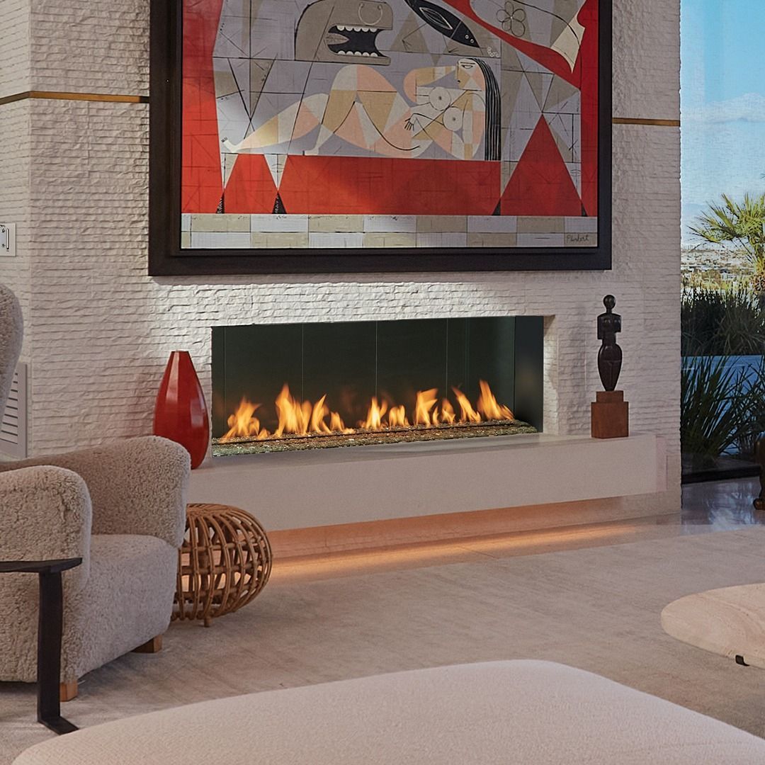 Modern living room with fireplace, artwork, and seating.