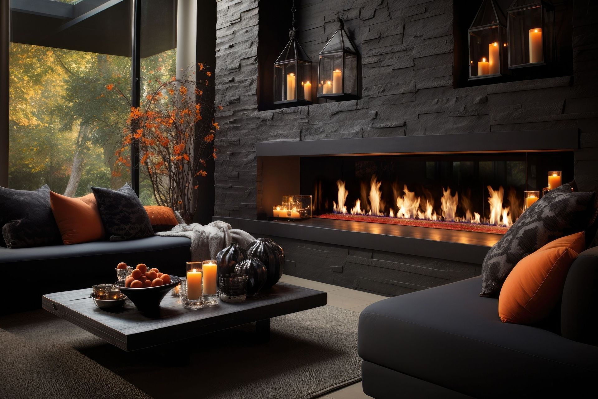Cozy living room with fireplace, dark gray sofas, and orange pillows. Lit candles and fall foliage visible.