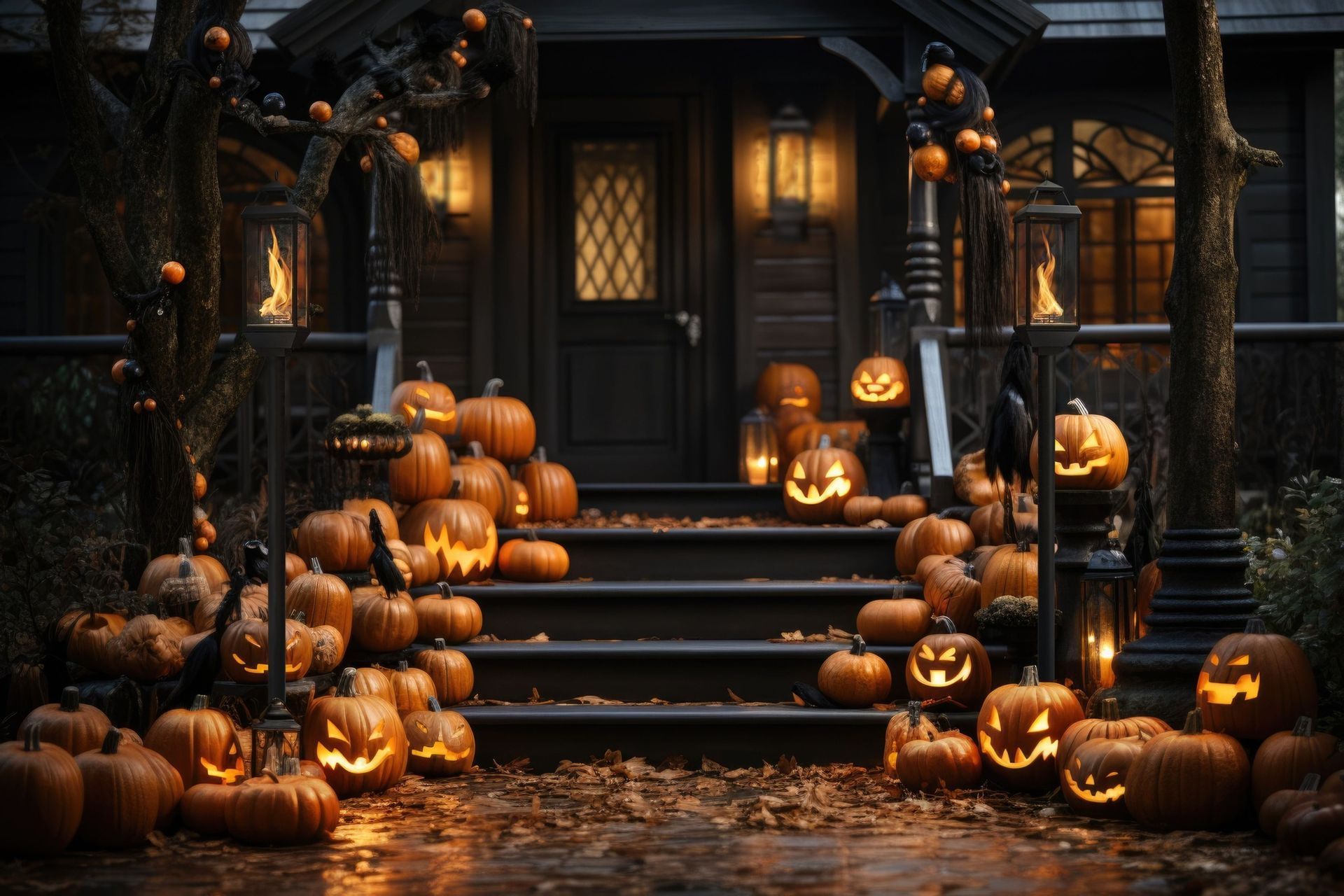 A house decorated for Halloween with glowing jack-o'-lanterns on steps and porch, autumn colors.