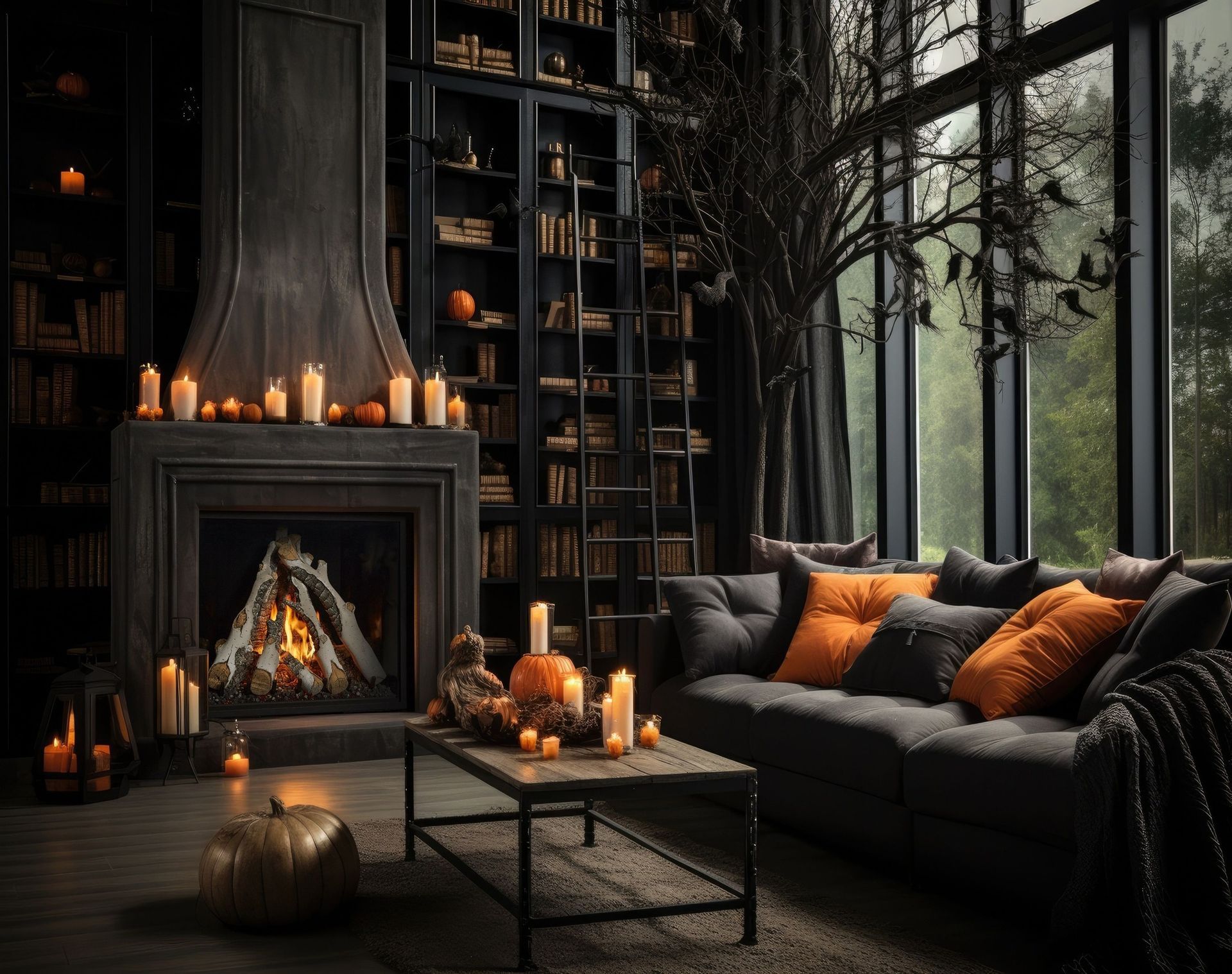 Cozy, dimly lit living room decorated for Halloween with a fireplace, candles, pumpkins, and a dark grey sofa.