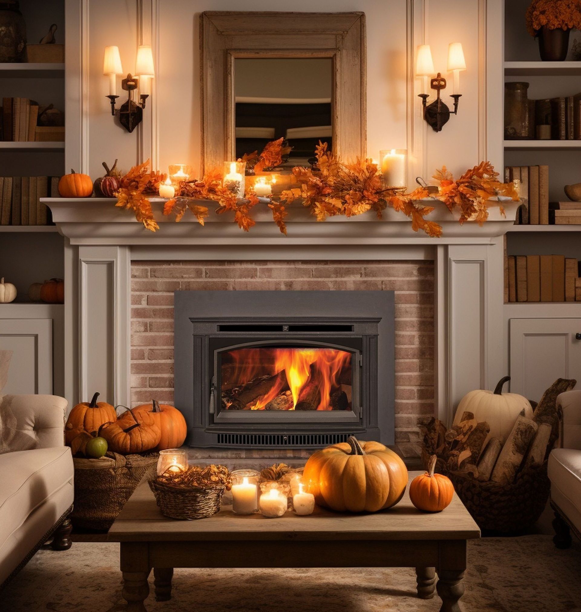 Cozy living room with fireplace, pumpkins, candles, and fall decor.