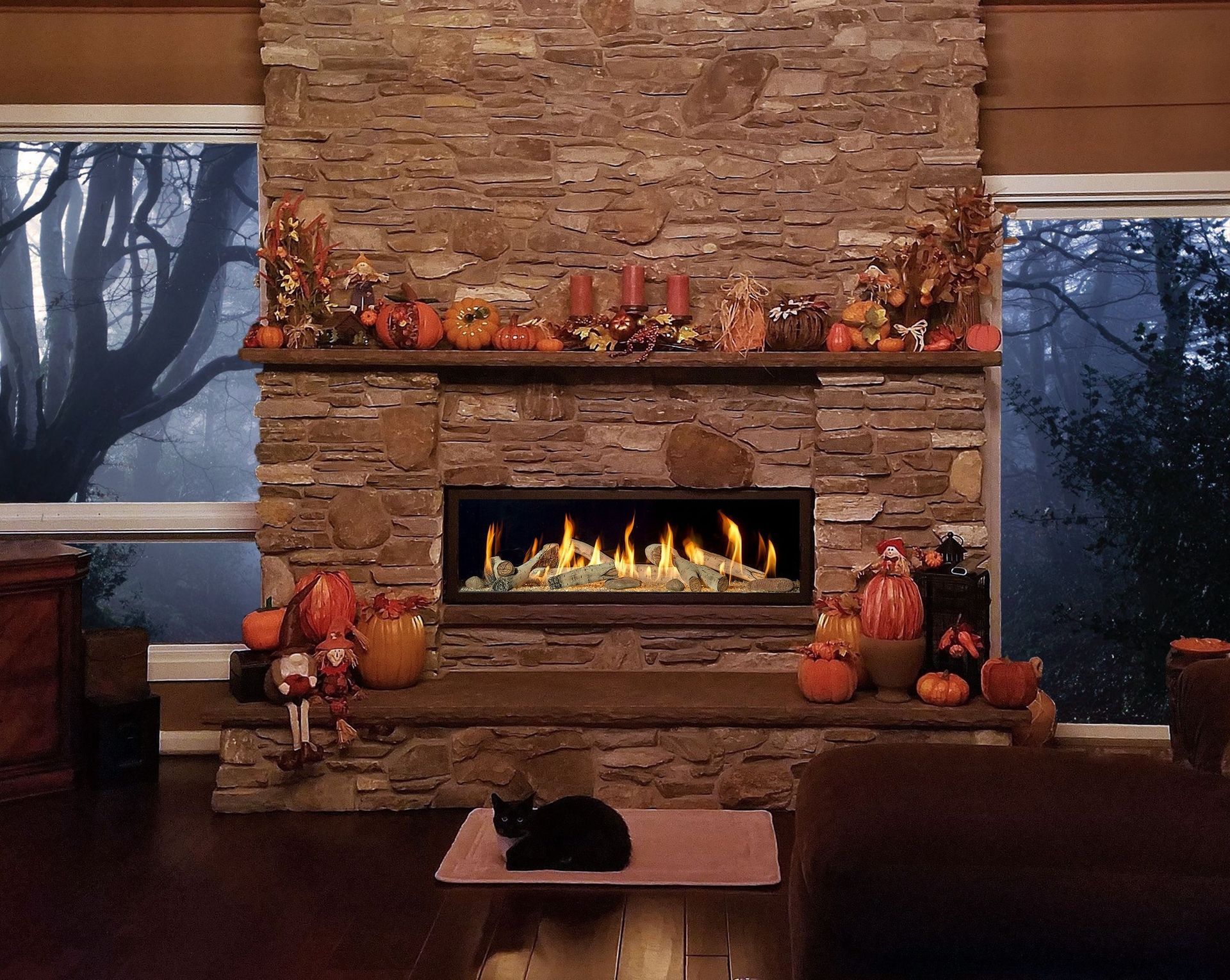 Fireplace with lit fire, decorated with pumpkins. Black cat on a mat. Overcast view through windows.