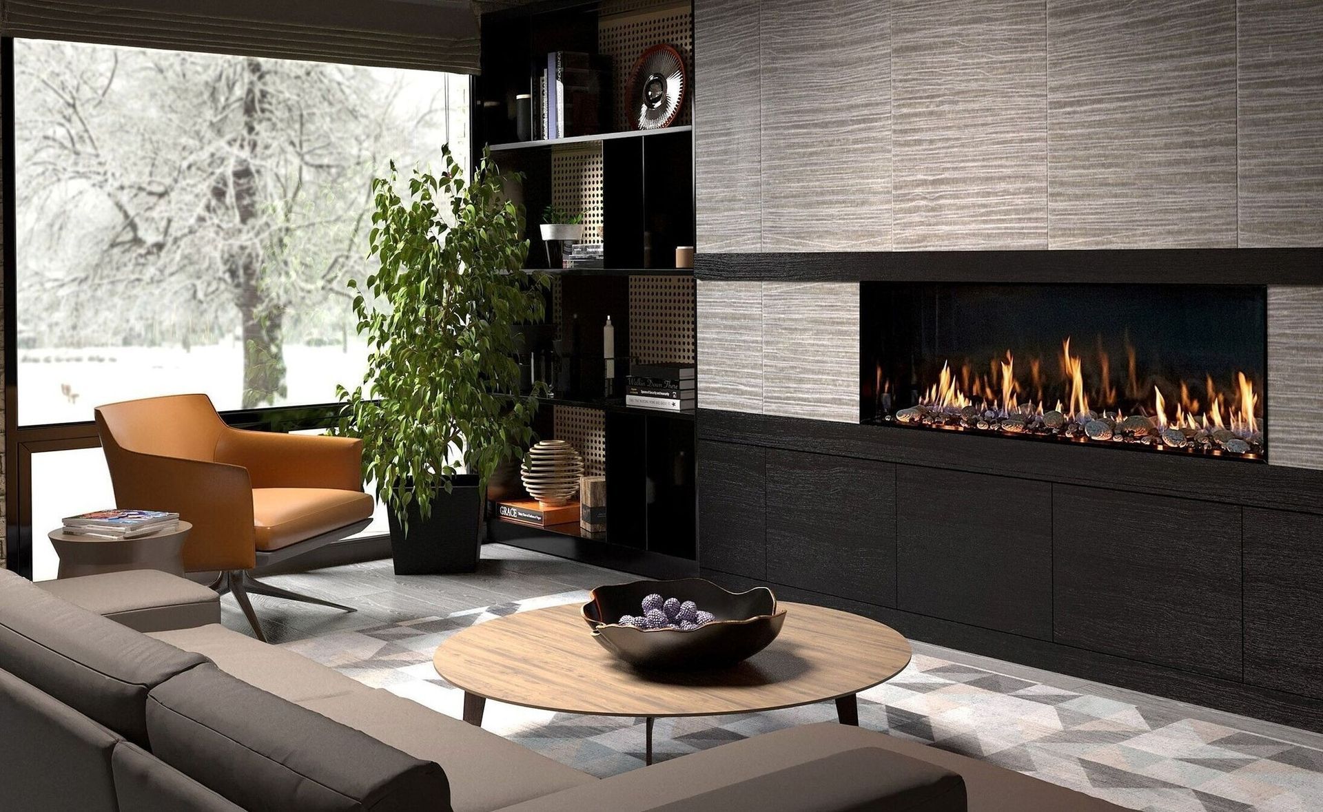 Living room with fireplace, leather chair, sofa, round coffee table, and large window with snowy view.