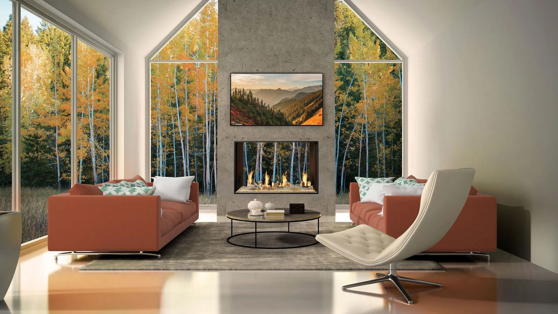 Modern living room with a fireplace, orange sofas, and large windows overlooking autumn trees.